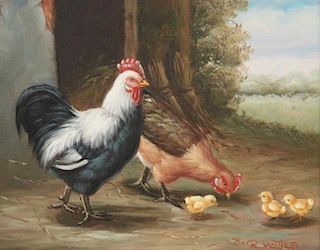 R. MANTES, OIL ON CANVAS BOARD OF ROOSTER, HEN AND CHICKS