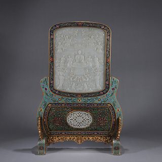 A buddha patterned jade inlaid cloisonne screen