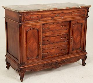 LOUIS XV STYLE CARVED WALNUT PROVINCIAL MARBLE TOP COMMODE