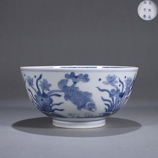 A blue and white fish and seaweed porcelain bowl