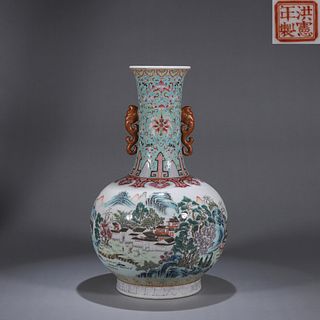 A famille rose landscape and figure porcelain double-eared vase