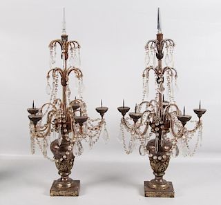 PAIR OF ITALIAN POLYCHROME CARVED AND CRYSTAL PRICKET CANDELABRA