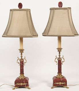 PAIR OF FRENCH GILT BRONZE MOUNTED ROUGE MARBLE CANDLESTICKS