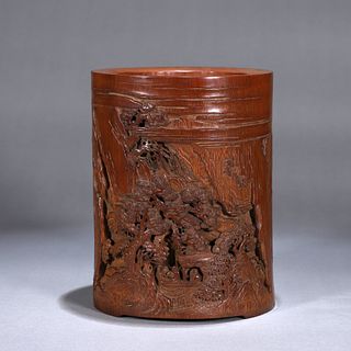 A figure carved  bamboo brush pot