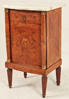 LATE FRENCH EMPIRE WALNUT INLAID MARBLE TOP COMMODE