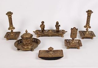 6 PIECE FRENCH BRONZE EMBOSSED AND OPEN WORK DESK SET