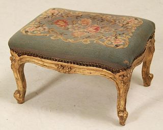 LOUIS XV STYLE CARVED GILTWOOD NEEDLEPOINT TABOURET