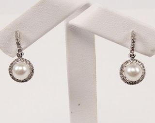 PAIR OF 14K WHITE GOLD PEARL AND DIAMOND EARRINGS