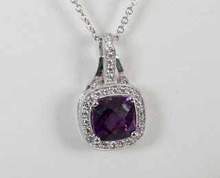 14K WHITE GOLD DIAMOND AND AMETHYST PENDANT NECKLACE