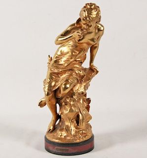 MOREAU, DORE FRENCH CAST BRONZE OF SEATED GIRL DRINKING FROM SHELL