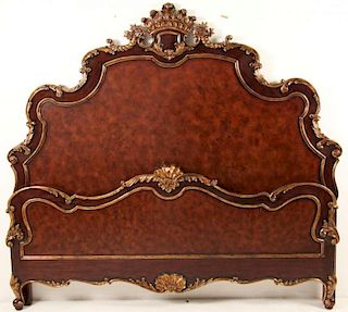 CARVED MAHOGANY AND GOLD GILT CARVED WOOD BED
