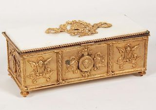 19TH FRENCH NEO-CLASSICAL DORE BRONZE MARBLE TOP HINGED CASKET