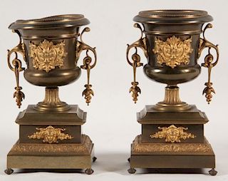 PAIR OF FRENCH BRONZE AND DORE MOUNTED DOUBLE HANDLED URNS