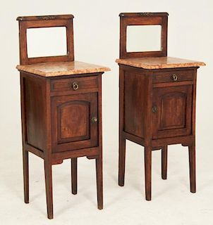PAIR OF PROVINCIAL OAK MARBLE TOP NIGHT STANDS
