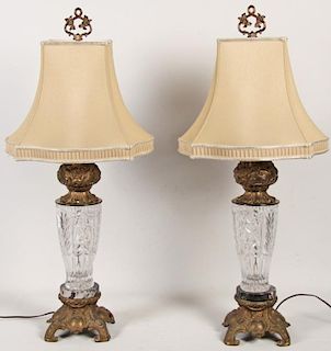 PAIR OF CRYSTAL ON BLACK MARBLE AND PATINATED METAL LAMPS