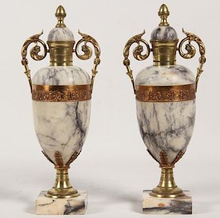 PAIR OF WHITE AND GREY VEINED MARBLE CASSOLETTES