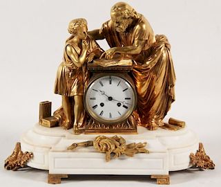 19TH C. FRENCH DORE BRONZE AND WHITE MARBLE FIGURAL CLOCK