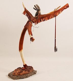 SIGNED STAG HORN AND LEATHER FIGURE OF NATIVE AMERICAN INDIAN