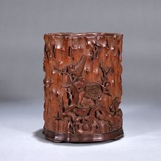 A magpie and plum blossom carved  bamboo brush pot