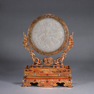 A dragon patterned jade inlaid gilding copper screen