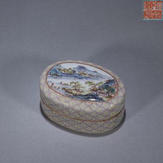 A famille rose landscape and figure porcelain box