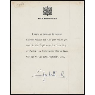 Queen Elizabeth II Typed Letter Signed on Death of King George VI