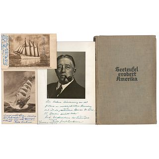 Felix von Luckner Signed Book, Photograph, and (2) Postcards