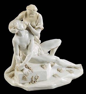 "The Roman Charity," Continental Porcelain Figure, after a painting by Johann Karl Loth (1632-1698), recounting the story of Pero and Cimon, a daughte