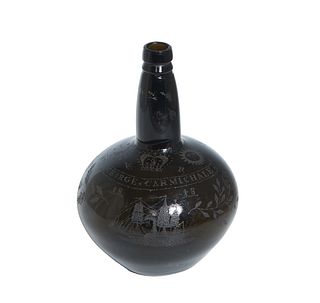 English Blown Black Glass Bottle, 19th c., with scratched decoration of a ship, leaves and thistle, scratched presentation, "Mrs. George Carmichael, 1