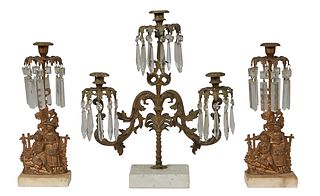American Gilt Bronze and Marble Girandole Set , 19th c., with a palm tree supporting the three candle cups hung with button and spear prisms, on a rec