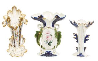 Group of Three Old Paris Style Porcelain Flare Vases, 19th c., one with gilt, floral and green leaf decoration; one with floral cobalt and gilt decora