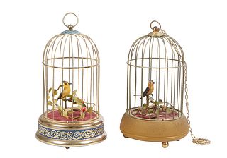Two Windup Automaton Birds, 20th c., in iron cages, the example with an enamel base moving and chirping; the matte finish base example moving but not 