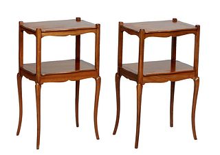 Pair of Louis XV Style Carved Cherry Nightstands, 20th c.,the serpentine top on square supports to a lower serpentine shelf with a shallow drawer, on 