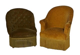 Two Similar French Louis XVI Style Carved Beech Armchairs, 20th c., with arched curved upholstered backs to rolled arms and a bowed seat, one in gold 