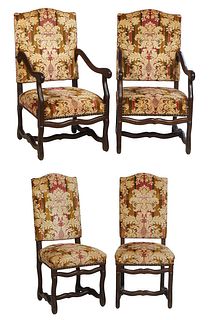 Four Piece French Louis XIII Style Carved Beech Parlor Suite, 20th c., consisting of two fauteuils and two side chairs, the canted arched upholstered 
