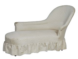 French Carved Walnut Louis XV Style Recamier, 20th c., with a curved canted back rest to an upholstered back rail and a curved cushioned foot, on cabr
