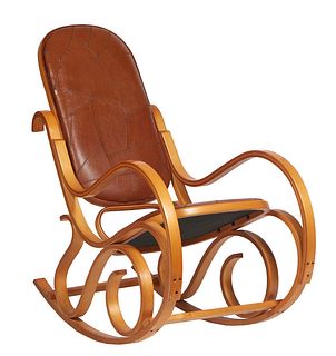 French Bentwood Cherry Rocker, 20th c., the arched upholstered back over an upholstered seat, flanked by scrolled arms, on S-form supports to rockers,