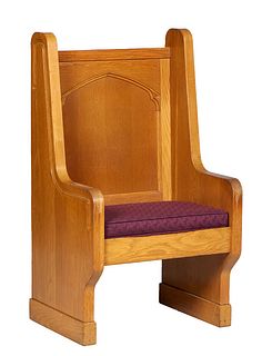 Unusual American Carved Oak Altar Chair, c. 1920, by Riecke Cabinet Works, New Orleans, labeled on the underside, with a removable cushion, in deep pu