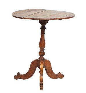 French Provincial Louis Philippe Carved Poplar Candlestand, 19th c., the circular top on a turned tapered tripodal cabriole legs, H.- 30 1/4 in., Dia.