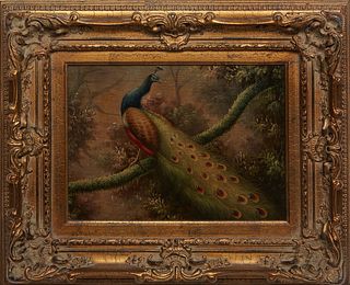 Chinese School, "Peacock," 21st c., oil on canvas, unsigned, presented in a gilt frame, H.- 11 in., W.- 15 in., Framed H.- 20 1/2 in., W.- 24 1/2 in.