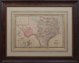 Alvin Jewett Johnson (Vermont, 1827-1884), "Johnson's New Map of the State of Texas," c. 1864, hand-colored map, published by Johnson and Ward, presen
