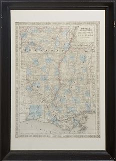Johnson's Arkansas, Mississippi, and Louisiana Map by Johnson and Ward, presented in an ebonized frame, H.- 24 3/8 in., W.- 17 1/4 in., Framed H.- 33 