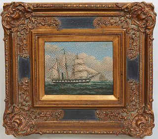Robert Sanders (American, 20th c.), "Ship at Sea," oil on canvas, signed lower right, presented in a gilt frame, H.- 7 1/2 in., W.- 9 1/2 in., Framed 