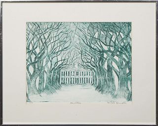 Milda Spindler (Lithuania/Louisiana, 1927-2021), "Plantation," 20th c., etching, signed in pencil on bottom right margin, editioned 13/15 in pencil lo