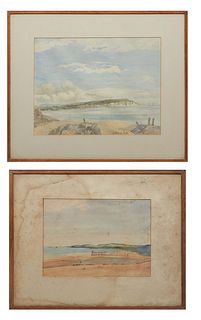Mina Greenhill (Scottish), "Cruden Bay," early 20th c., watercolor on paper, signed in pencil lower right, titled and signed en verso, with a "Green a