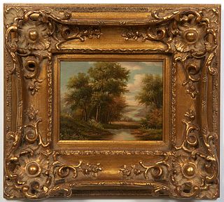 American School, "River Landscape," 21st c., signed indistinctly lower right, presented in a gilt frame, H.- 7 in., W.- 9 1/4 in., Framed H.- 17 1/2 i