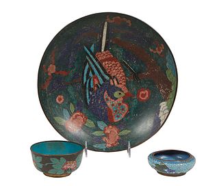 Three Pieces of Chinese Cloisonne, early 20th c., consisting of a footed bowl with bird decoration, Dia.- 12 in., a black bowl with floral decoration,