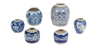 Group of Six Chinese Blue and White Ginger Jars, 20th c., five with floral decoration, one with "double happiness" decoration, all lacking lids, Large