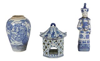 Three Pieces of Chinese Blue and White Porcelain, 20th c., consisting of a figure of a standing sage; a baluster jar with floral decoration; and a pag