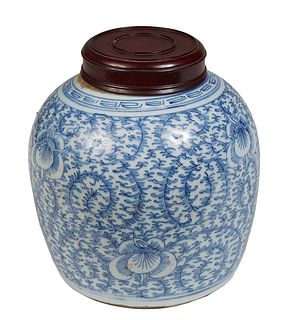 Large Chinese Blue and White Baluster Ginger Jar, early 20th c., with leaf and floral decoration, now lacking the lid, H.- 9 in., Dia.- 8 1/4 in. Prov
